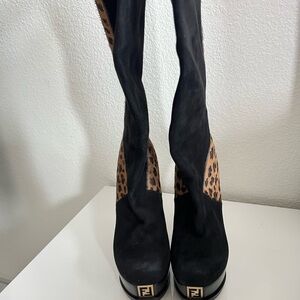 Vintage Fendi Black and cheetah print heel Boots
